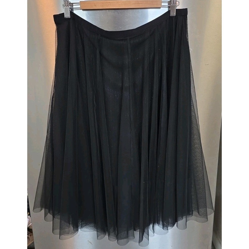 Inc Womens L Tulle Overlay Midi Skirt Black Silver Metallic Inside Faint Sparkle